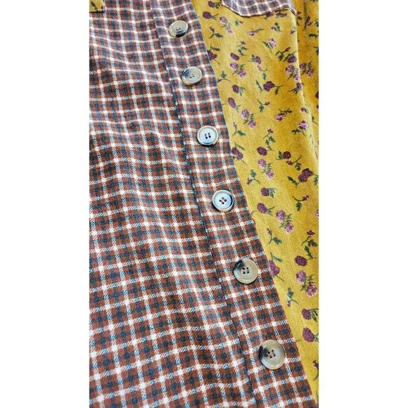 GiGio Shirt Women's Yellow Brown Patchwork Floral Plaid Top, Large - Picture 10 of 10